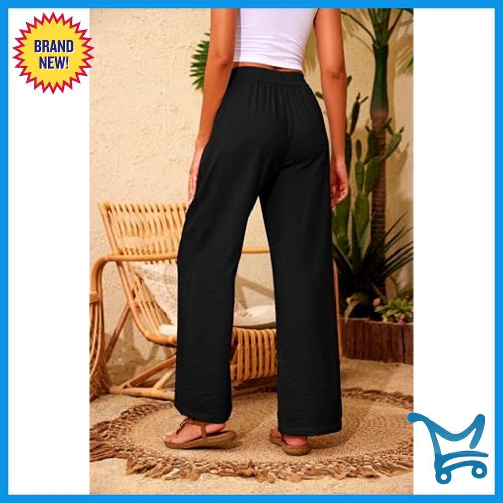 Flowy Palazzo Pants Loose Fit Wide Leg Drawstring Waist Casual Summer Chic - Picture 3 of 7